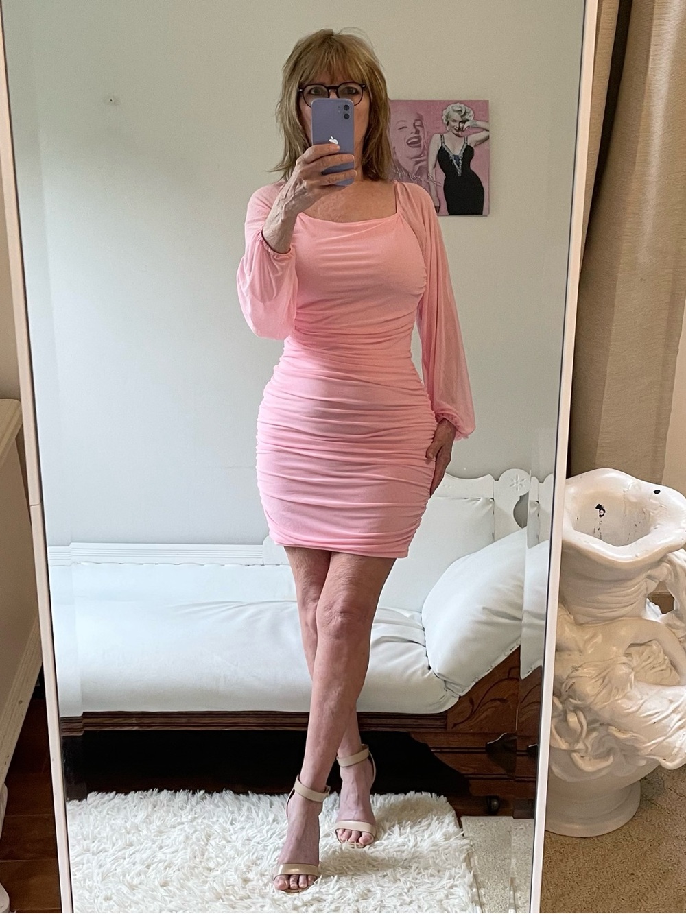 NWT PINK LONG SLEEVE SHEER DRESS RUCHED LINED SQUARE NECK STRETCH